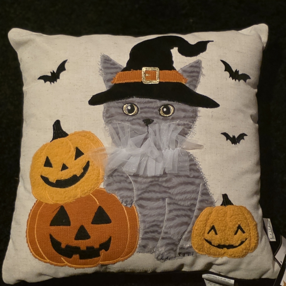 Halloween Cat Pillow with Pumpkins